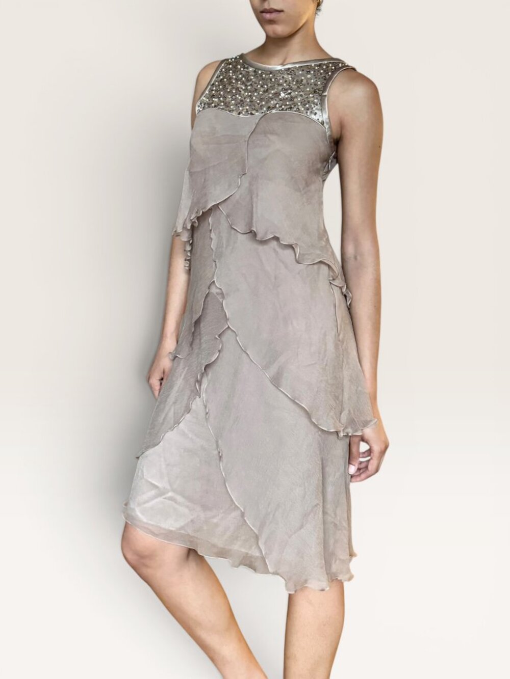 Carlos Miele 100% Silk Beaded Sequin Tiered Chiffon Cocktail Dress Taupe Size 40